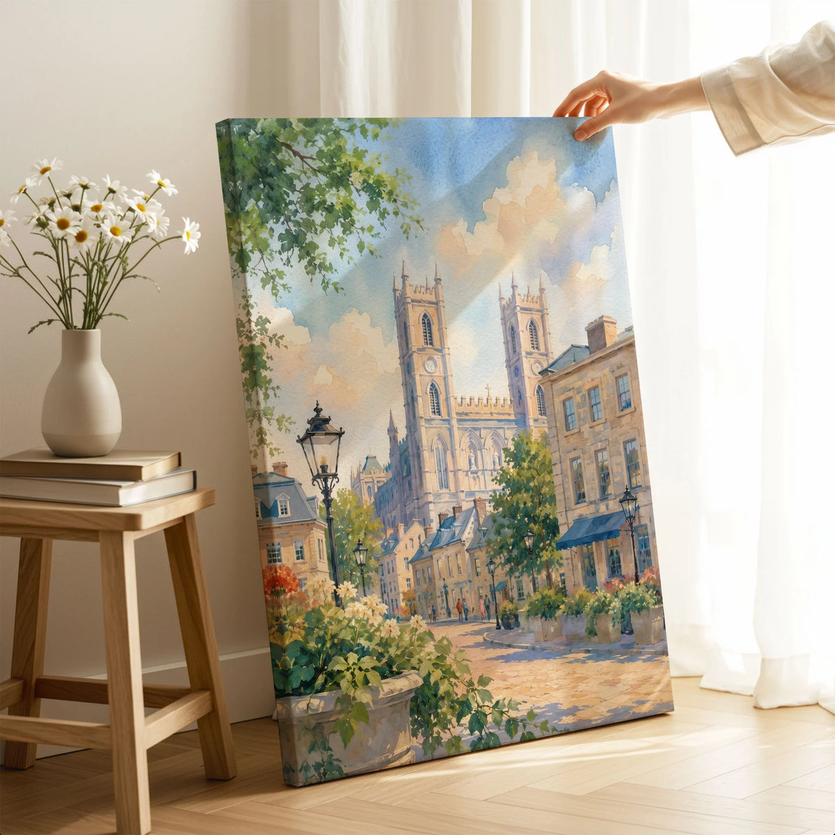 Montreal Notre-Dame Basilica in Old Montreal watercolour art print canvas print with mirror edge in a room