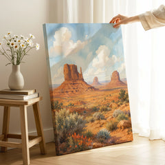 Monument Valley the Mittens buttes watercolour art print canvas print with mirror edge in a room
