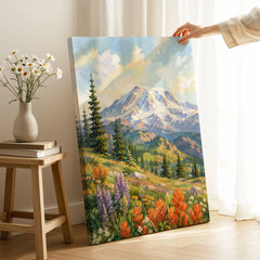 Mount Rainier National Park wildflower meadows watercolour art print canvas print with mirror edge in a room