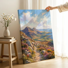 Mourne Mountains mountain path above the sea watercolour art print canvas print with mirror edge in a room
