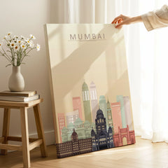Mumbai city skyline art print, canvas print with mirror edge in a room