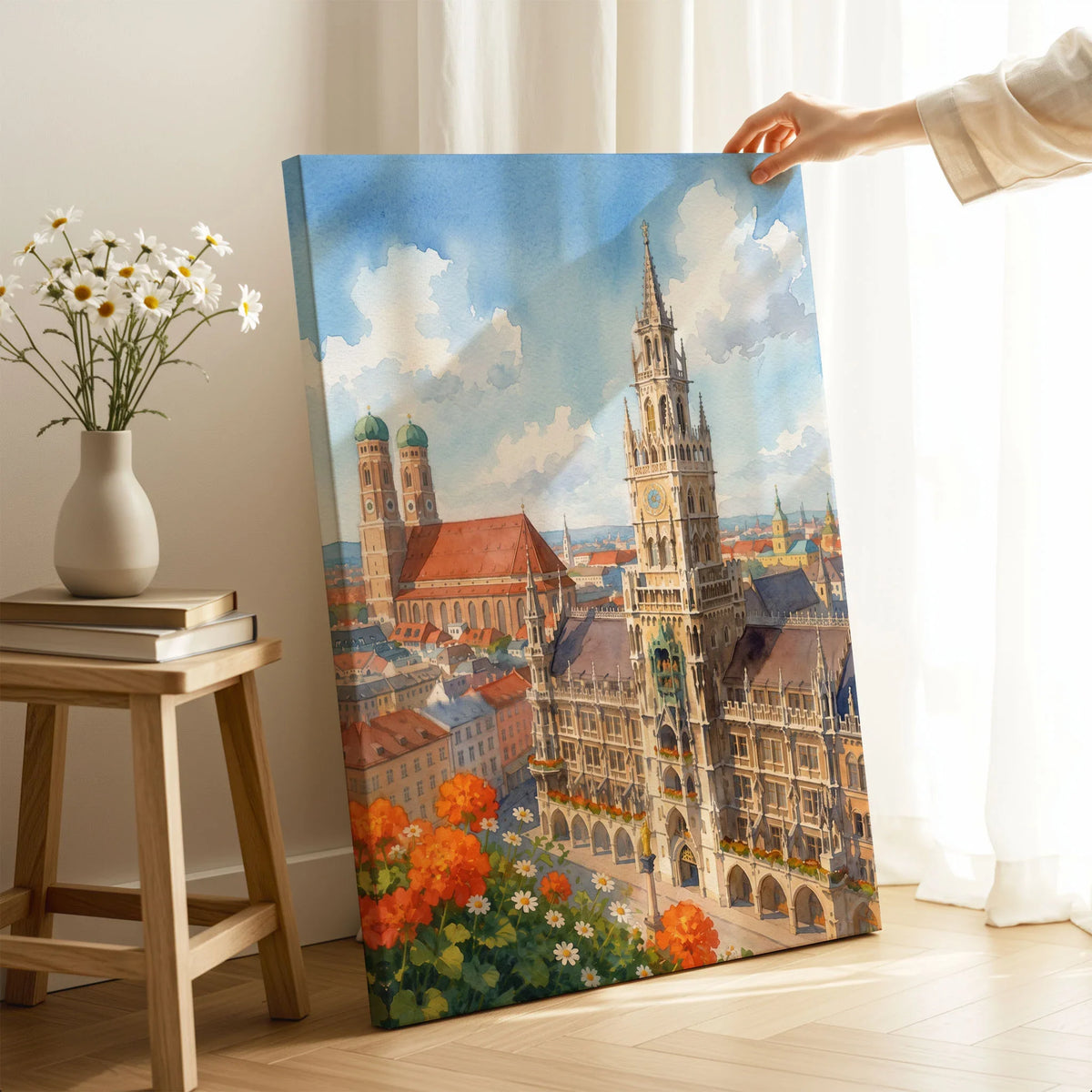 Munich New Town Hall and Frauenkirche watercolour art print canvas print with mirror edge in a room