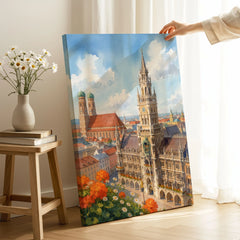 Munich New Town Hall and Frauenkirche watercolour art print canvas print with mirror edge in a room