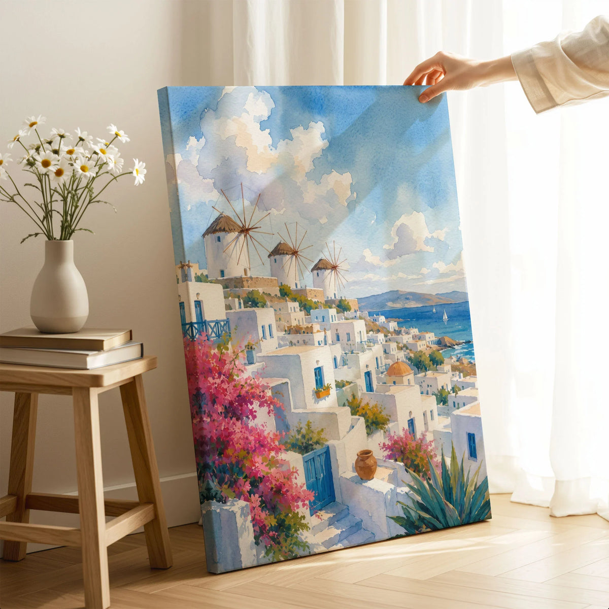 Mykonos windmills and white houses watercolour art print canvas print with mirror edge in a room