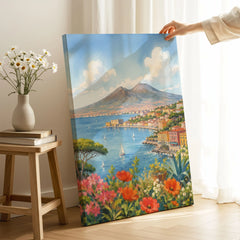 Naples Bay of Naples and Vesuvius watercolour art print canvas print with mirror edge in a room