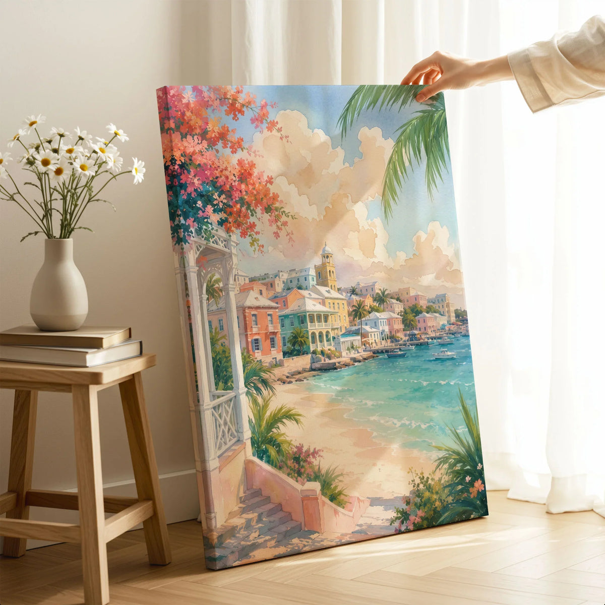 Nassau pastel waterfront and beach watercolour art print canvas print with mirror edge in a room
