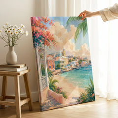 Nassau pastel waterfront and beach watercolour art print canvas print with mirror edge in a room
