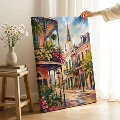 New Orleans French Quarter balconies watercolour art print canvas print with mirror edge in a room