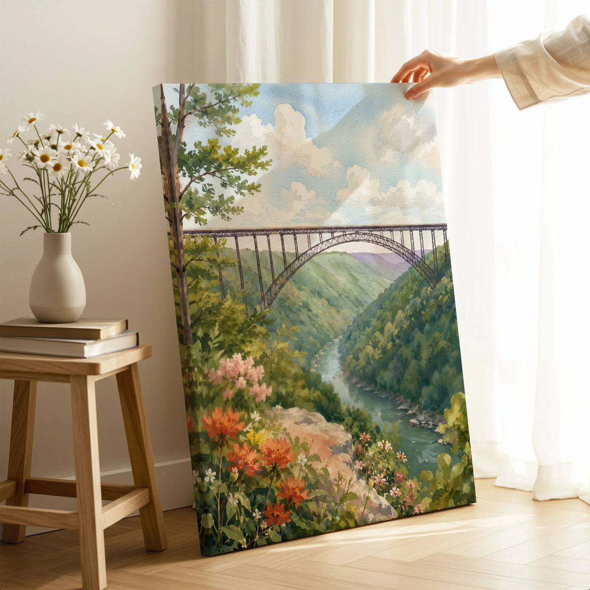 New River Gorge National Park New River Gorge Bridge watercolour art print canvas print with mirror edge in a room