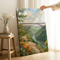 New River Gorge National Park New River Gorge Bridge watercolour art print canvas print with mirror edge in a room