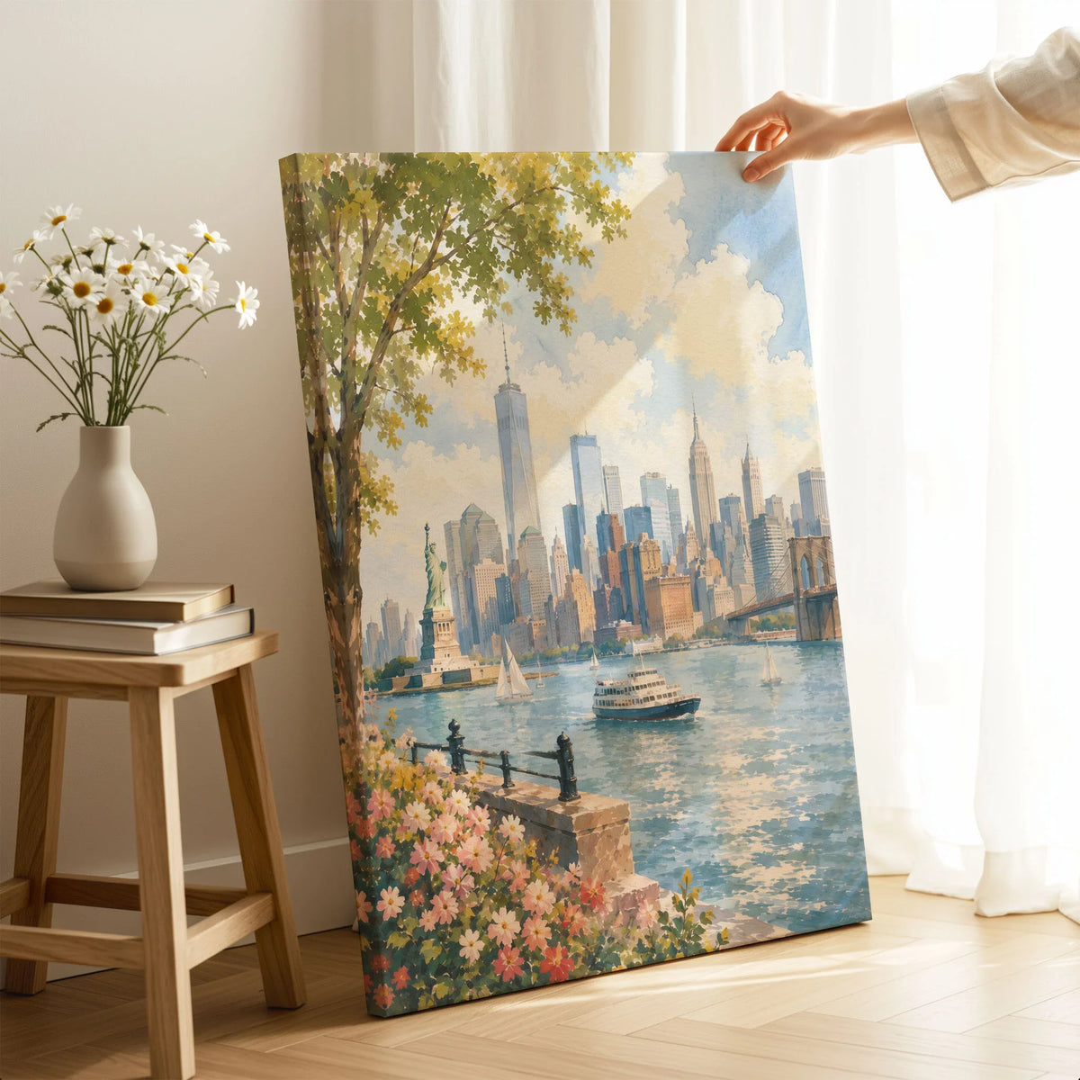 New York Statue of Liberty and Manhattan skyline watercolour art print canvas print with mirror edge in a room