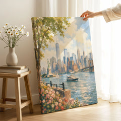 New York Statue of Liberty and Manhattan skyline watercolour art print canvas print with mirror edge in a room