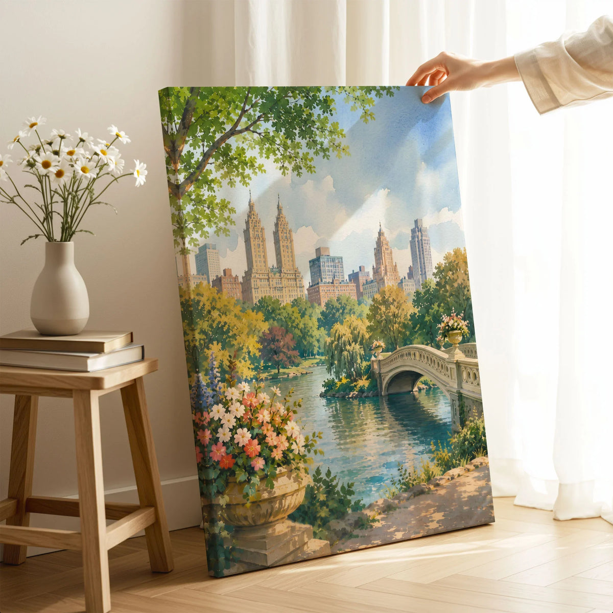 New York Central Park Bow Bridge watercolour art print canvas print with mirror edge in a room