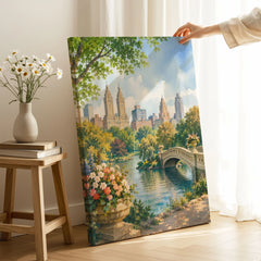 New York Central Park Bow Bridge watercolour art print canvas print with mirror edge in a room
