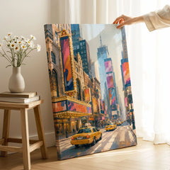 New York Times Square and yellow cabs watercolour art print canvas print with mirror edge in a room