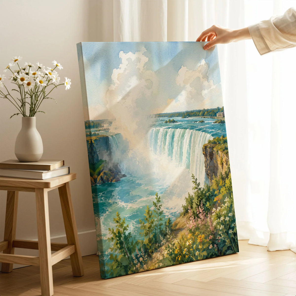 Niagara Falls State Park Horseshoe Falls watercolour art print canvas print with mirror edge in a room