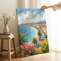 Nice Baie des Anges and promenade watercolour art print canvas print with mirror edge in a room