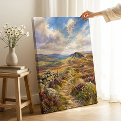 North Pennines moorland path and stone wall watercolour art print canvas print with mirror edge in a room