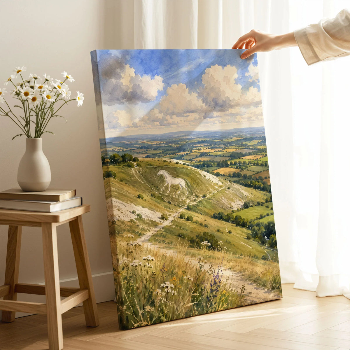 North Wessex Downs chalk white horse watercolour art print canvas print with mirror edge in a room
