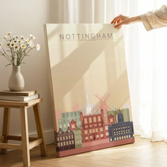 Nottingham city skyline art print, canvas print with mirror edge in a room