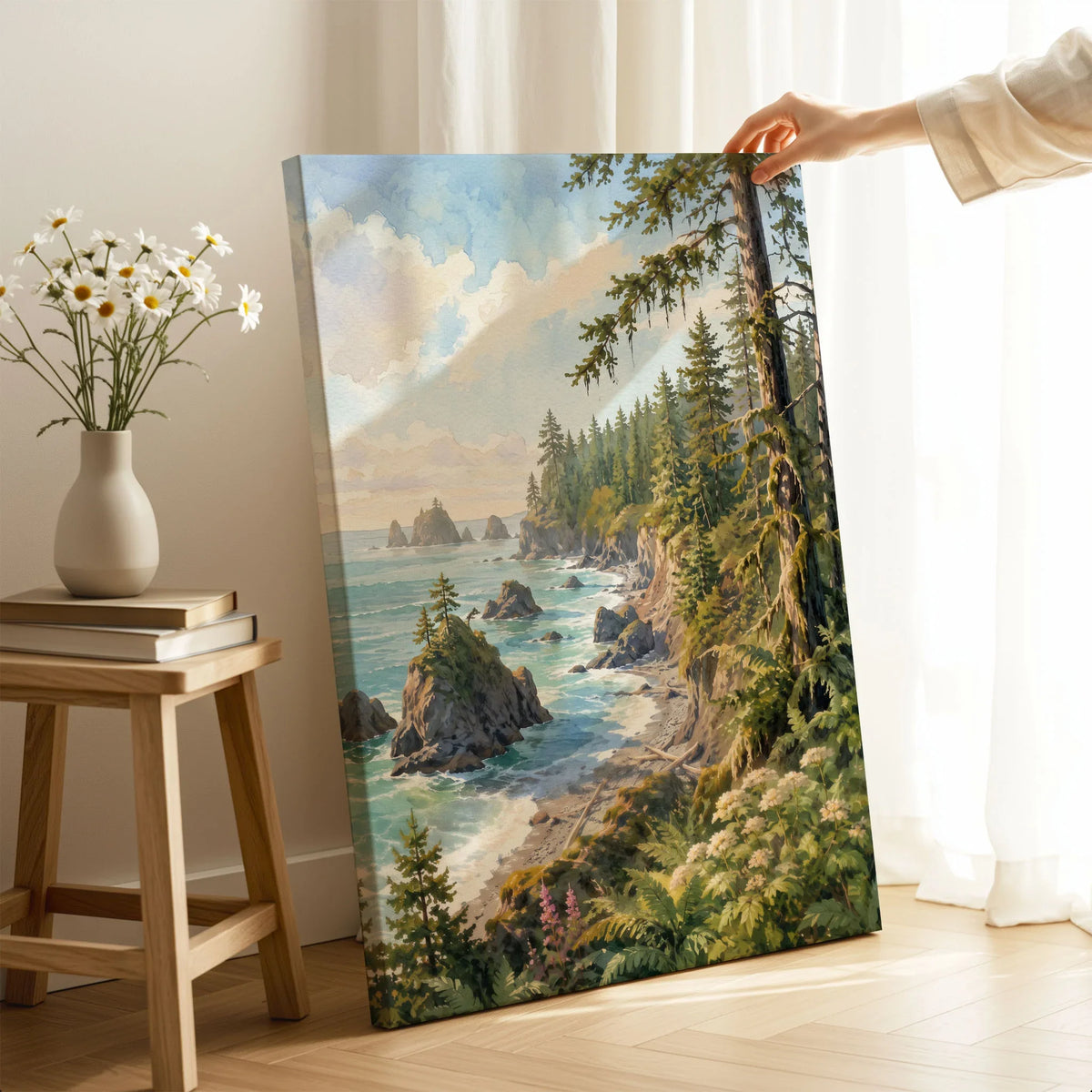 Olympic National Park rugged coast and sea stacks watercolour art print canvas print with mirror edge in a room