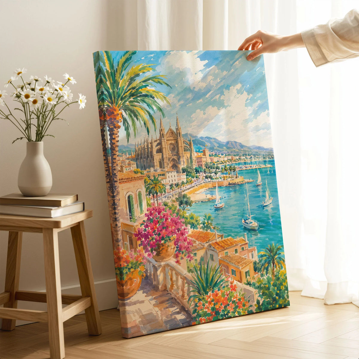 Palma La Seu cathedral and bay watercolour art print canvas print with mirror edge in a room