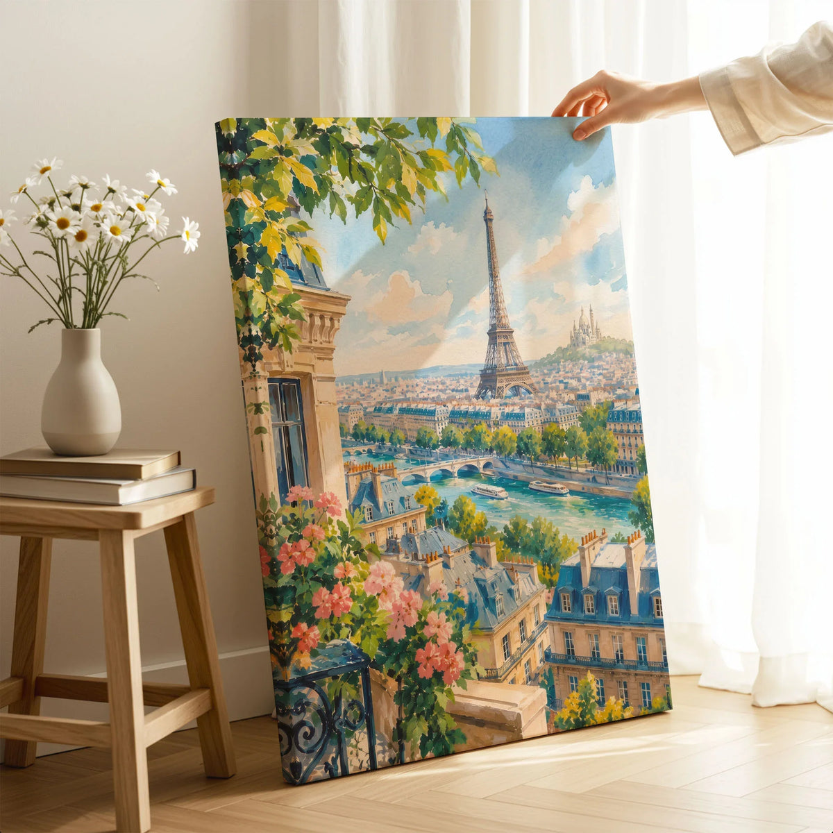 Paris Eiffel Tower and the Seine watercolour art print canvas print with mirror edge in a room