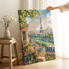 Paris Eiffel Tower and the Seine watercolour art print canvas print with mirror edge in a room