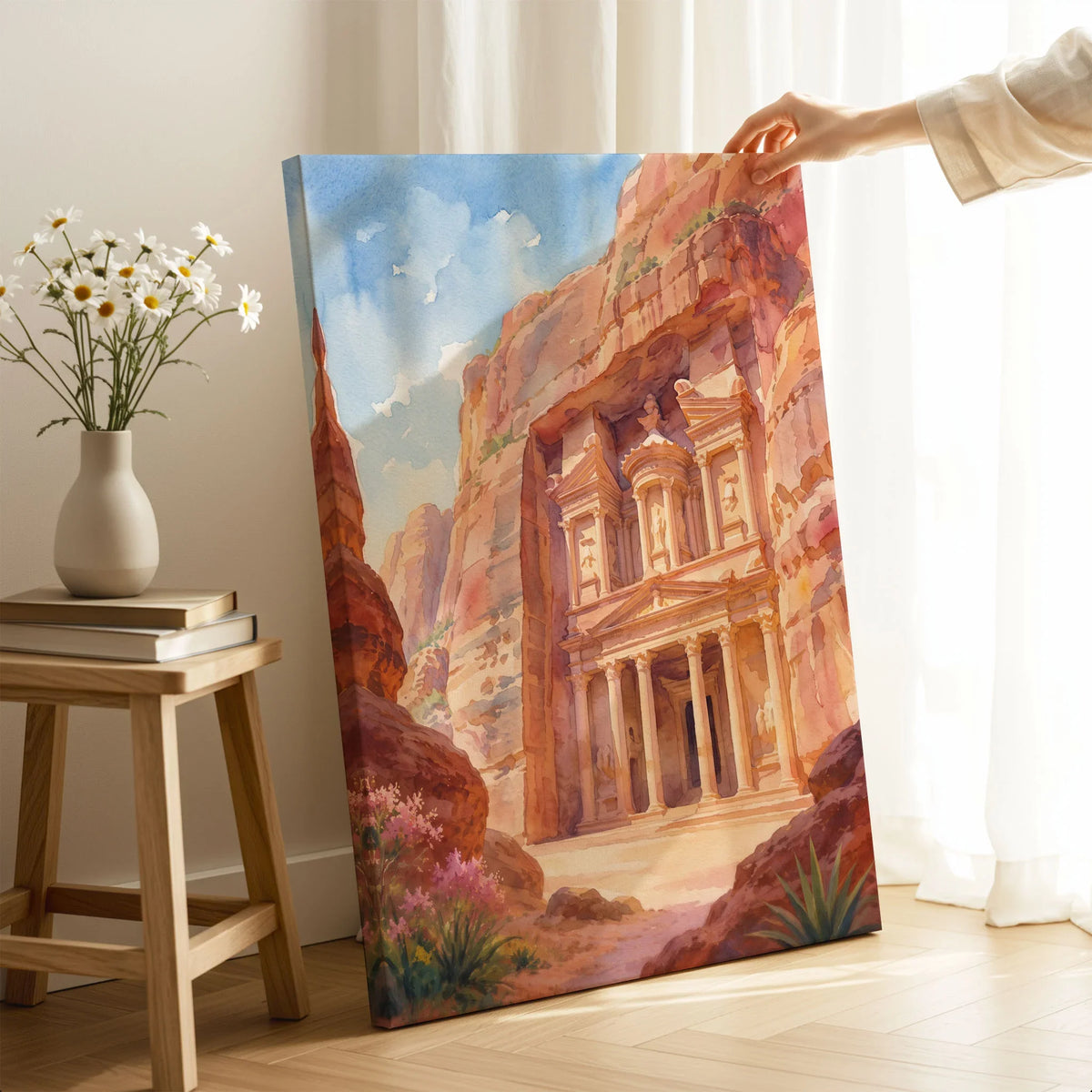 Petra Treasury in the rock watercolour art print canvas print with mirror edge in a room
