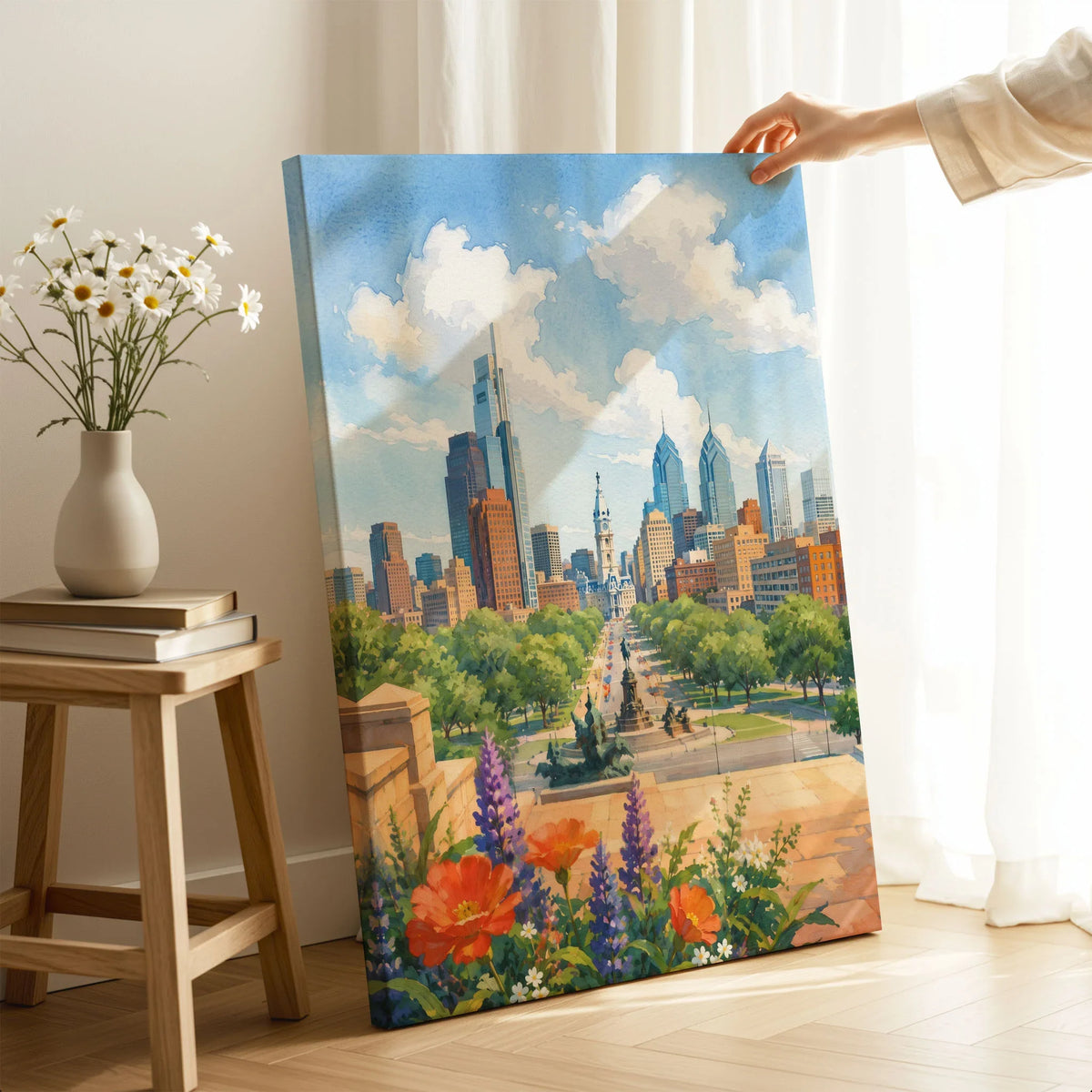 Philadelphia skyline and Ben Franklin Parkway watercolour art print canvas print with mirror edge in a room