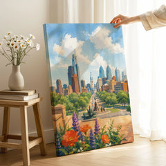 Philadelphia skyline and Ben Franklin Parkway watercolour art print canvas print with mirror edge in a room