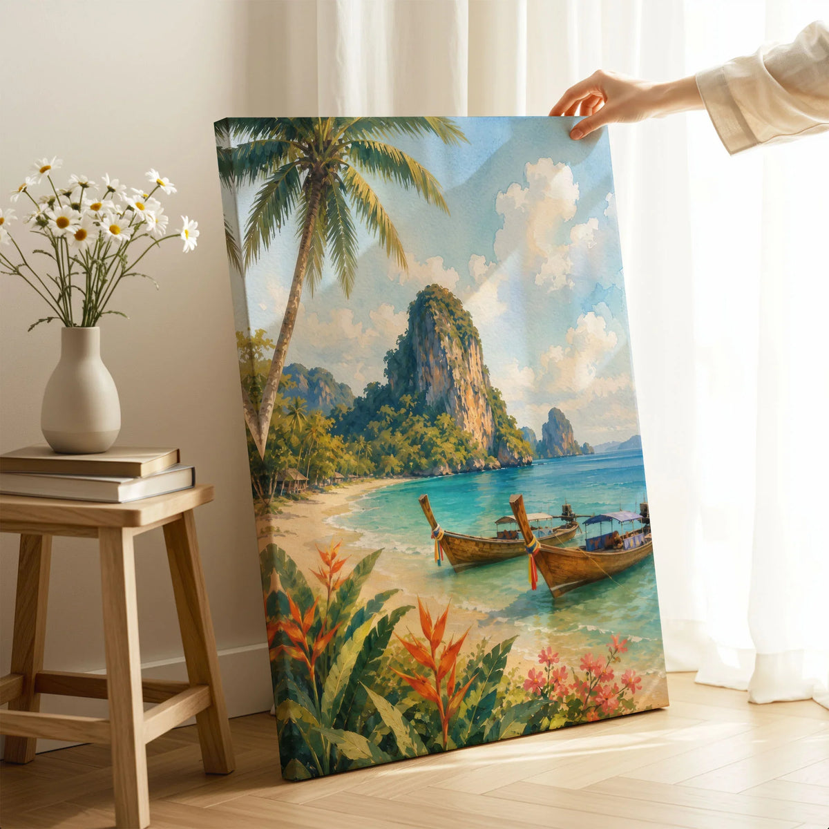Phuket longtail boats and limestone cliffs watercolour art print canvas print with mirror edge in a room