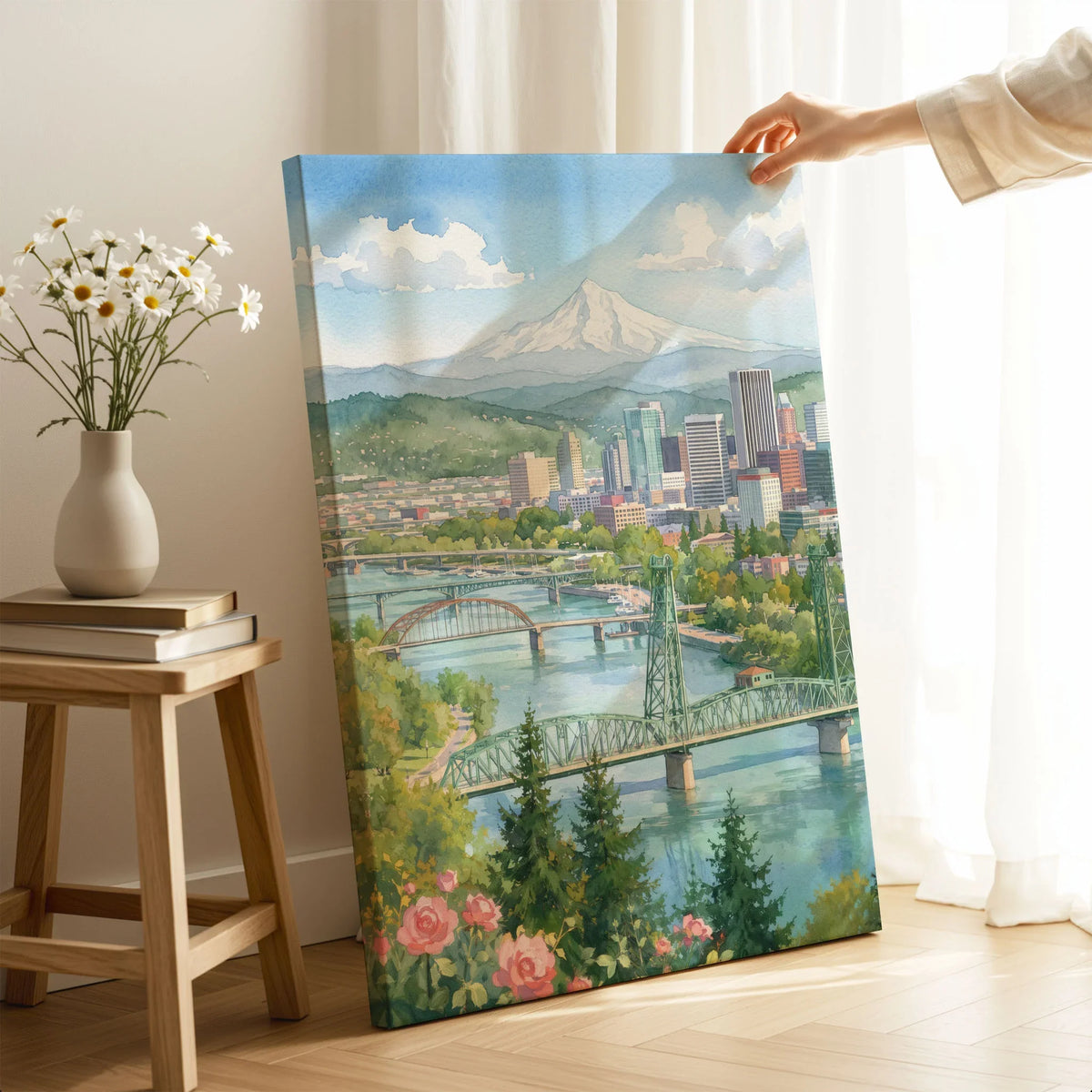 Portland Mount Hood and Willamette bridges watercolour art print canvas print with mirror edge in a room