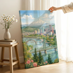 Portland Mount Hood and Willamette bridges watercolour art print canvas print with mirror edge in a room