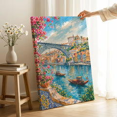 Porto Dom Luís I Bridge and rabelo boats watercolour art print canvas print with mirror edge in a room