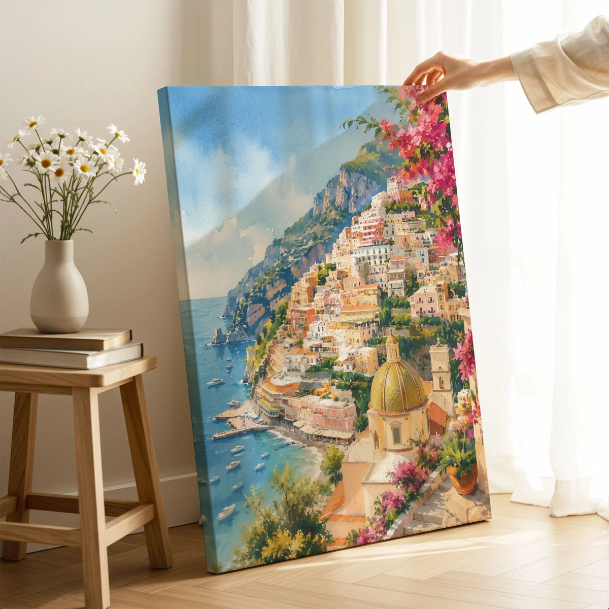Positano cliffside village and church dome watercolour art print canvas print with mirror edge in a room