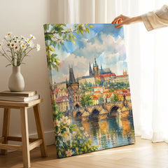 Prague Charles Bridge and Prague Castle watercolour art print canvas print with mirror edge in a room