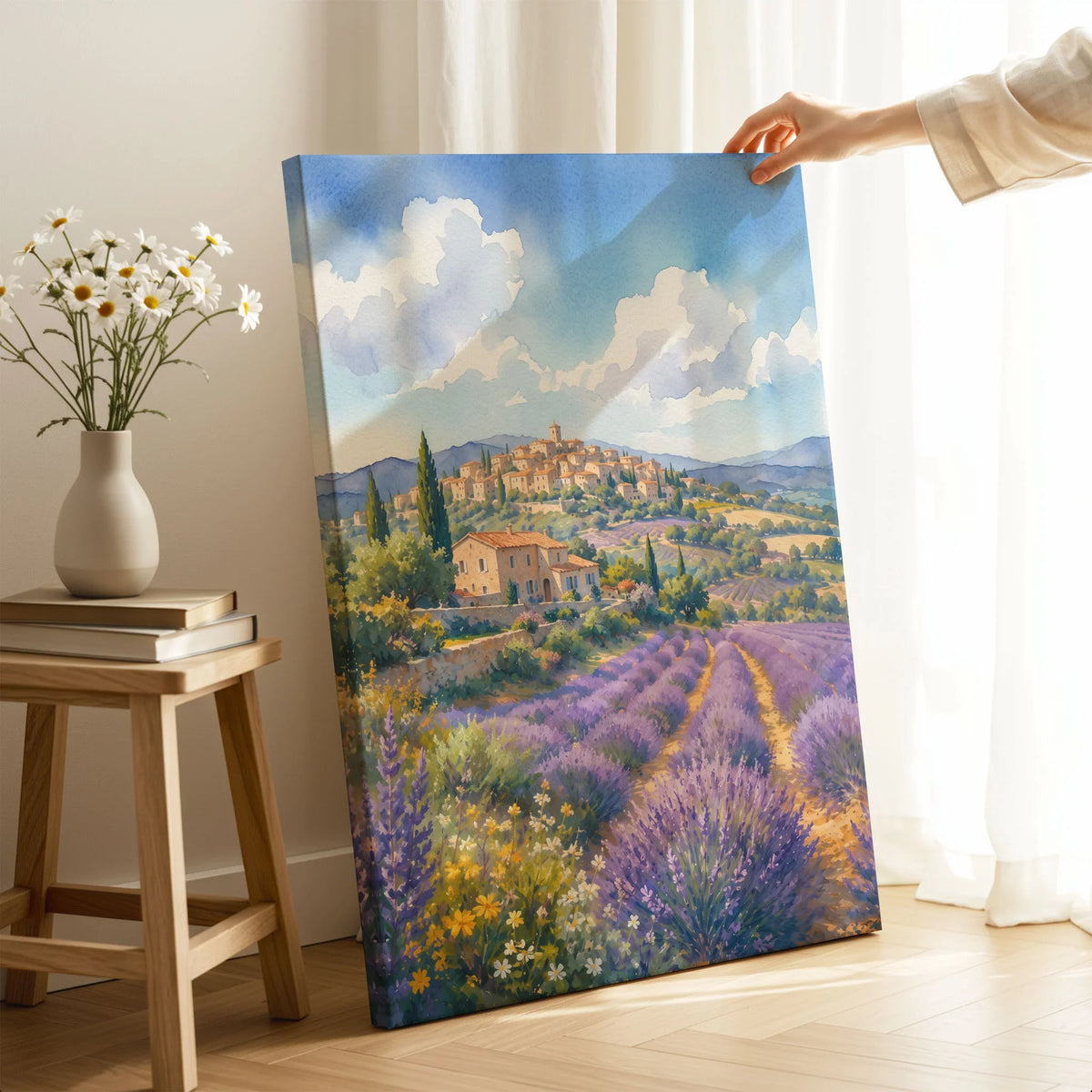 Provence lavender fields and hilltop village watercolour art print canvas print with mirror edge in a room