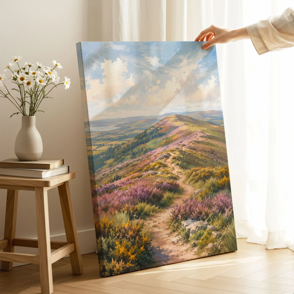 Quantock Hills heather hilltop path watercolour art print canvas print with mirror edge in a room
