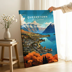 Queenstown New Zealand Lake Wakatipu in autumn vintage travel poster, canvas print with mirror edge in a room