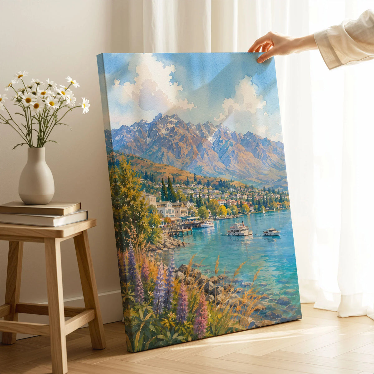 Queenstown Lake Wakatipu, Remarkables and lupins watercolour art print canvas print with mirror edge in a room