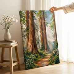 Redwood National Park giant redwoods and forest trail watercolour art print canvas print with mirror edge in a room