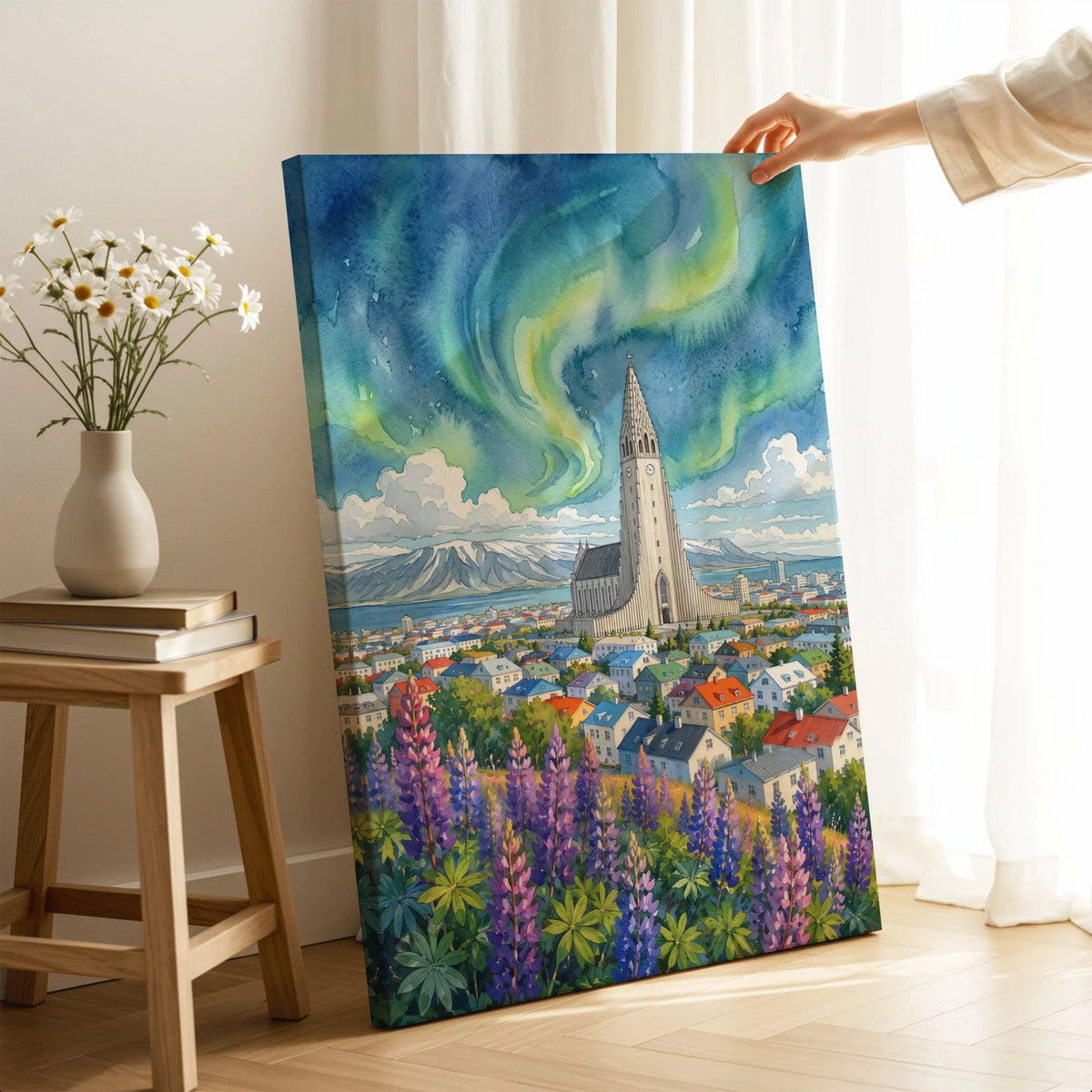 Reykjavik Hallgrímskirkja and northern lights watercolour art print canvas print with mirror edge in a room