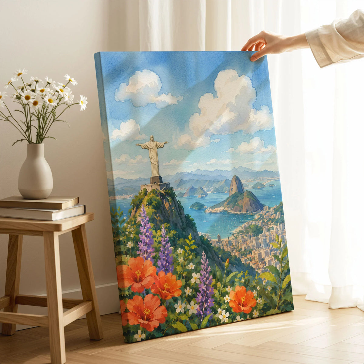 Rio de Janeiro Christ the Redeemer and Sugarloaf watercolour art print canvas print with mirror edge in a room