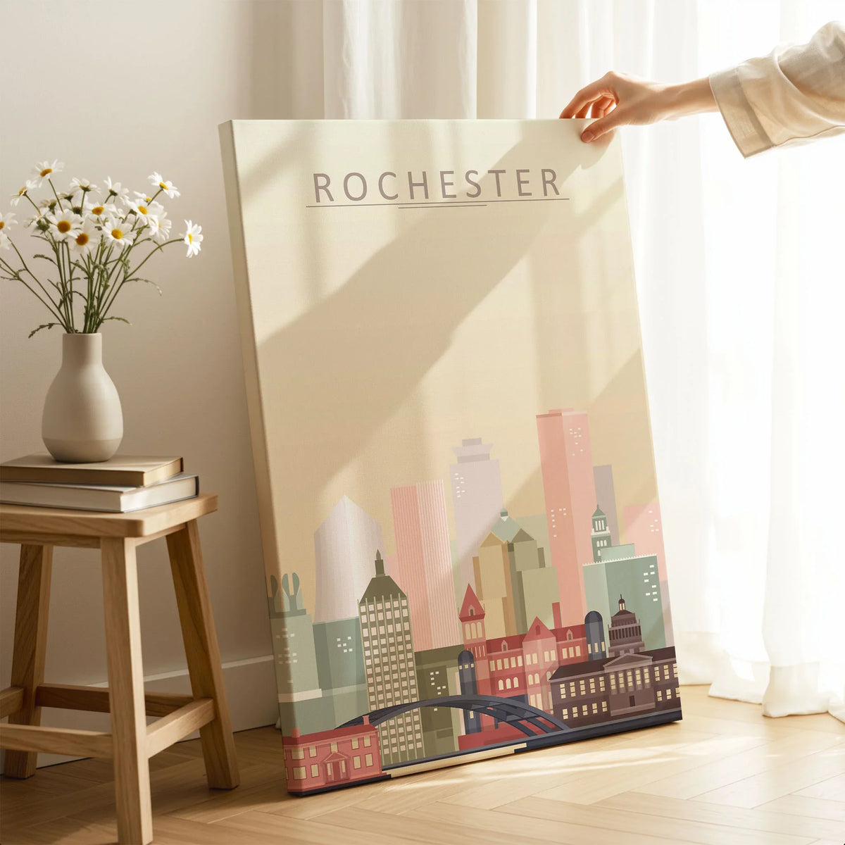Rochester city skyline art print, canvas print with mirror edge in a room