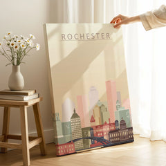Rochester city skyline art print, canvas print with mirror edge in a room