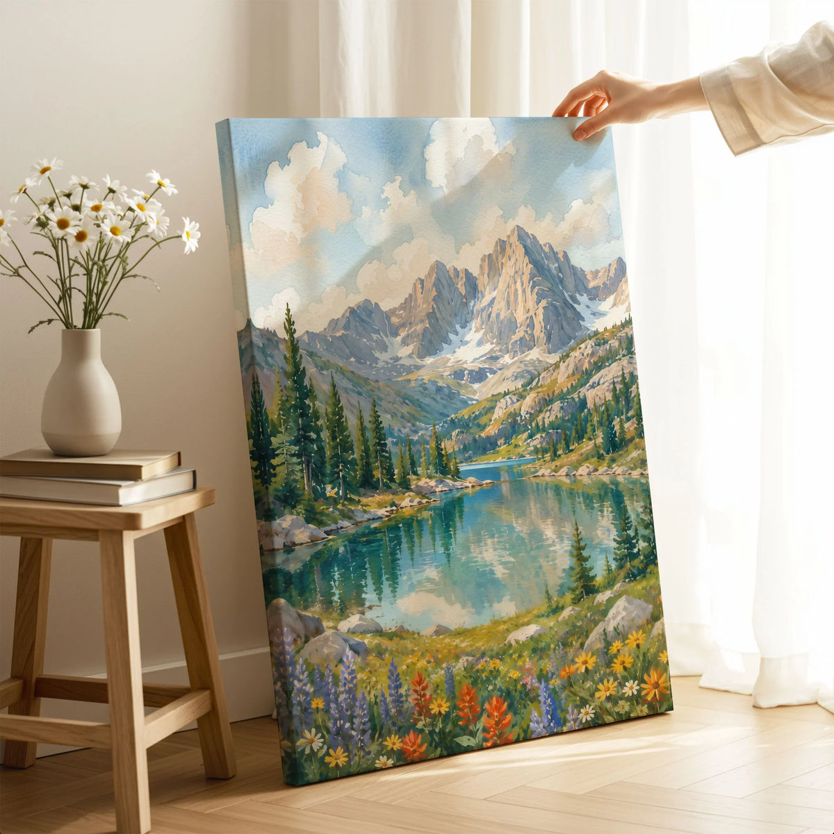 Rocky Mountain National Park alpine lake below rugged peaks watercolour art print canvas print with mirror edge in a room