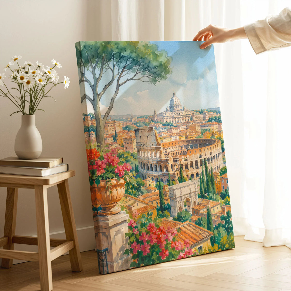 Rome Colosseum and St Peter's dome watercolour art print canvas print with mirror edge in a room