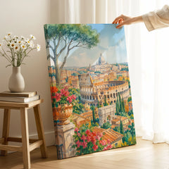 Rome Colosseum and St Peter's dome watercolour art print canvas print with mirror edge in a room