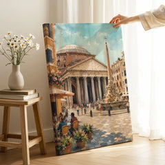 Rome Pantheon and piazza fountain watercolour art print canvas print with mirror edge in a room